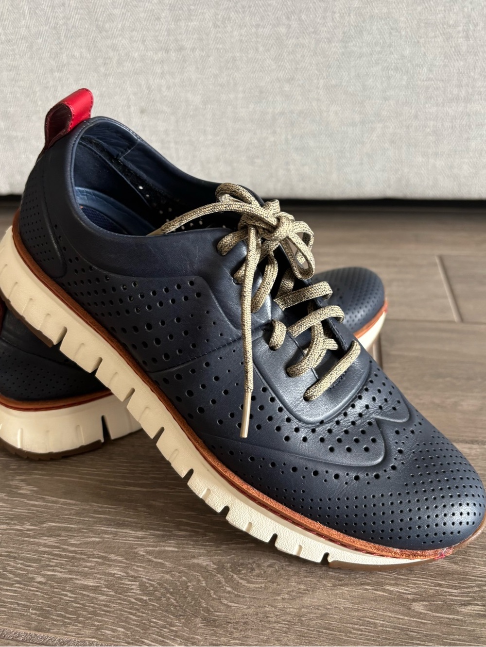 Cole Haan Navy Perforated Leather Oxfords with Red Heel Tab